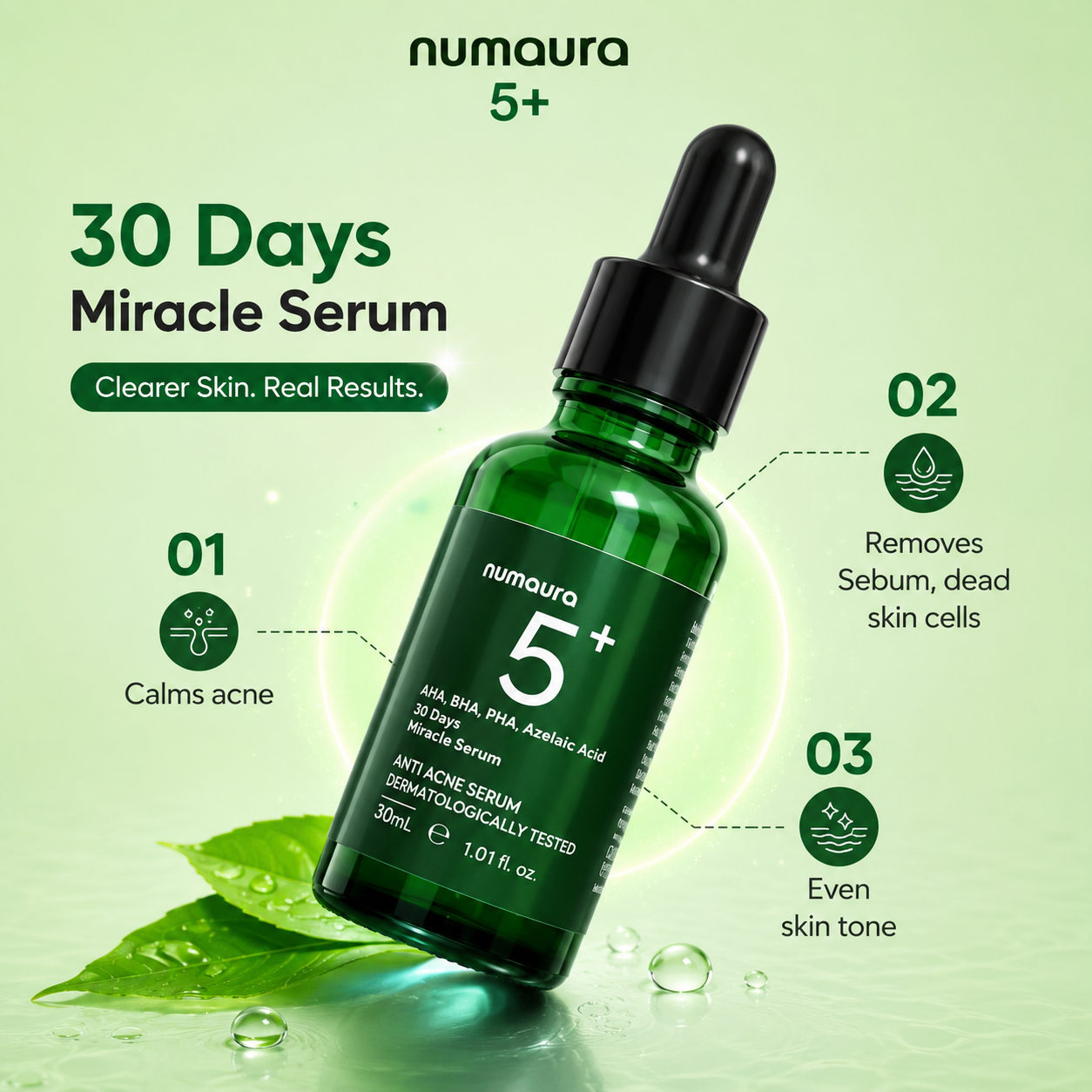 Numaura 5+ Serum | Azelaic Acid 10%, Mandelic Acid 5%, Betaine Salicylate 1%, Centella Asiatica Extract | 30 Days Miracle Serum | 30 ml
