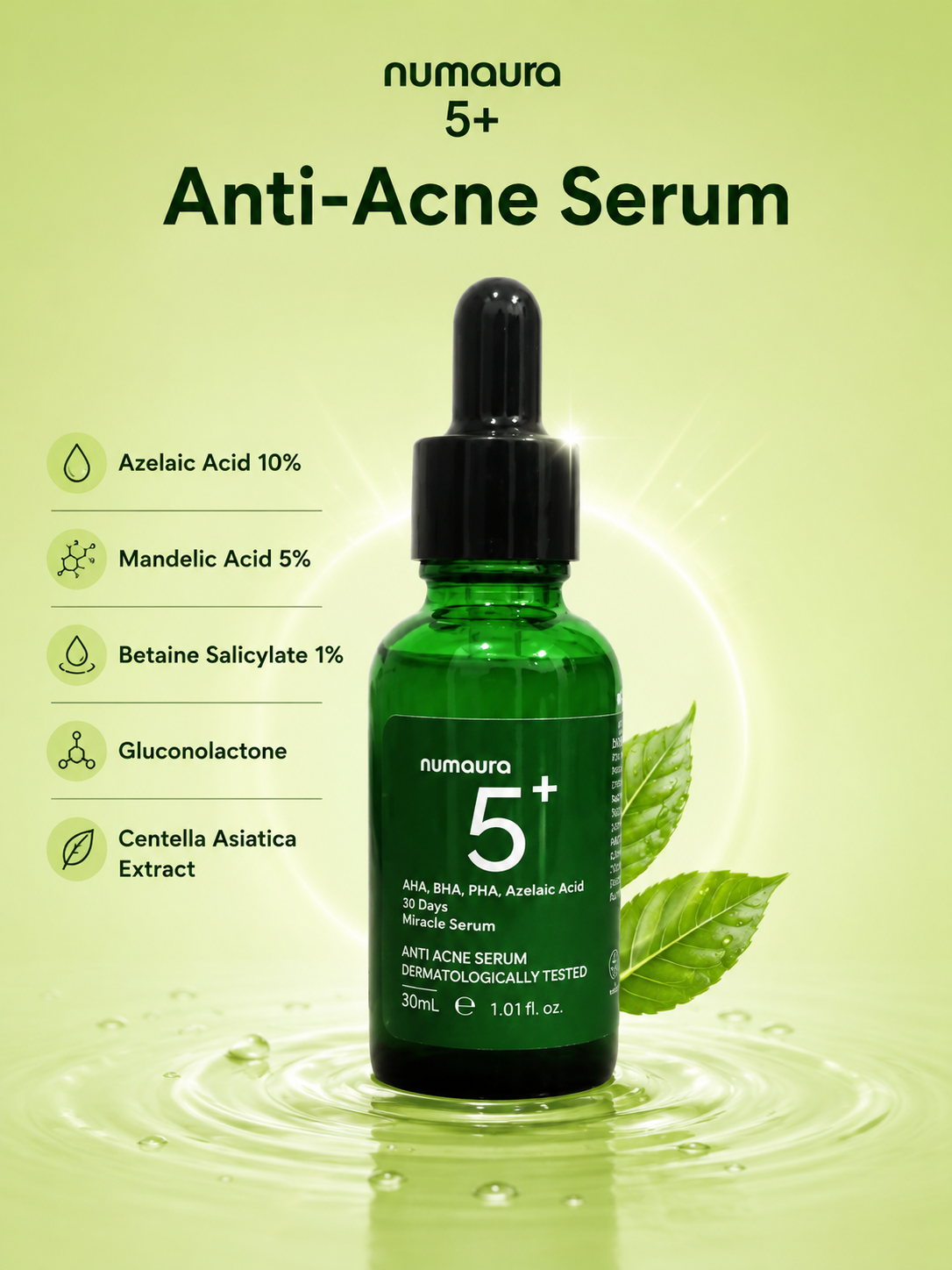 Numaura 5+ Serum | Azelaic Acid 10%, Mandelic Acid 5%, Betaine Salicylate 1%, Centella Asiatica Extract | 30 Days Miracle Serum | 30 ml