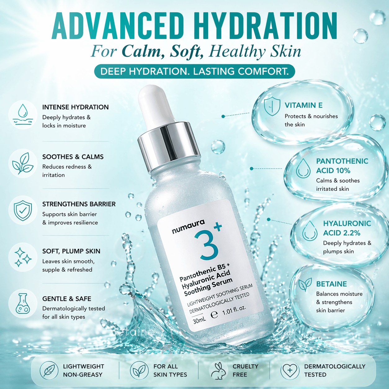 Numaura 3+ Serum | Pantothenic Acid 10%, Hyaluronic Acid 2.2%, Vitamin E | Baby Soft Soothing/Hydrating Serum | 30ml