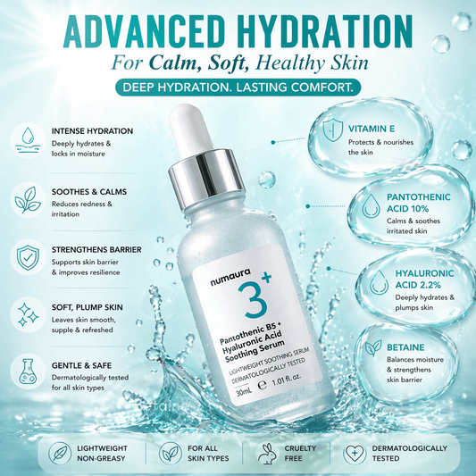 Numaura 3+ Serum | Pantothenic Acid 10%, Hyaluronic Acid 2.2%, Vitamin E | Baby Soft Soothing/Hydrating Serum | 30ml